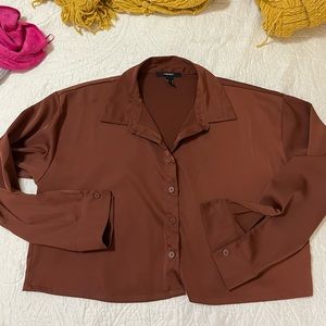 Silk Cropped Button Down Blouse